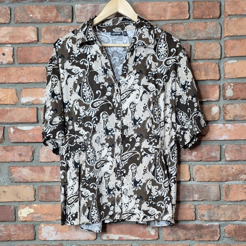 APT 9 Paisley Button Front Blouse 3X Structured Cotton Stretch Neutral Brown